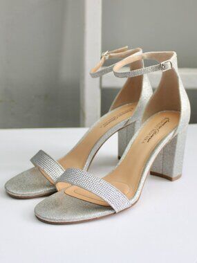 Badgley Mischka Silver Sparkle Rhinestone Glitter Open-Toe Block Heels Size 8.5